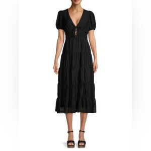 Alice + Olivia Tia Black Puff Sleeve V Neck Midi Textured Silk Blend Dress 6